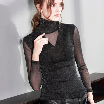 

Spring Autumn Womens Fashion Turtleneck Mesh Patchwork Sleeve Sexy Elegant T Shirts Tops Female Grace Sliver Under Bottom Shirts