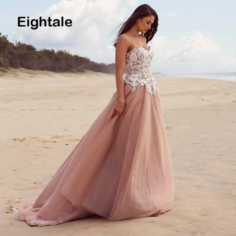 Eightale Beach Wedding Dresses Sweetheart Pink Lace Appliques Princess Boho Bride Dresses White Ivory A-Line Wedding Gowns