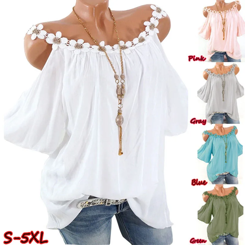 

blusas mujer de moda 2109 Shoulder fashion design with lace Sexy elegantes bare shoulders summer ladies tops big size women 5xl