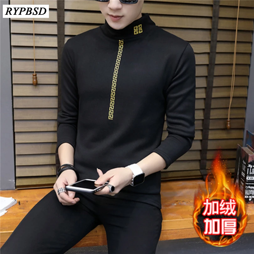 

2019 New Men Fashion T Shirt Tees Slim Tops Thick Stretch T-shirt Turtleneck Long Sleeve Tee Shirts High Collar Mens Cotton Tees