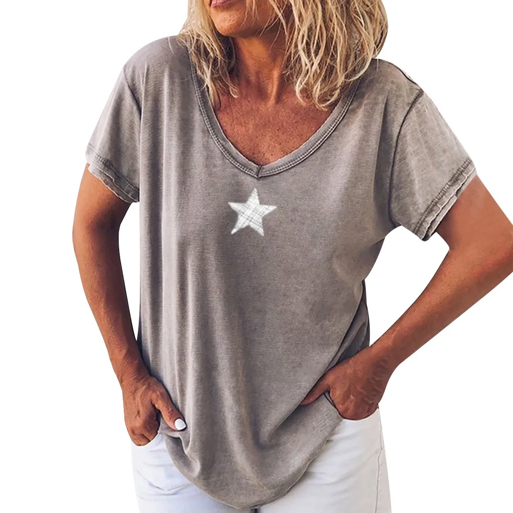 Женские футболки высокого качества, Повседневная рубашка с коротким рукавом и принтом звезды, свободная футболка оверсайз, женская футболка в стиле хип-хоп# G2 - Цвет: Серый