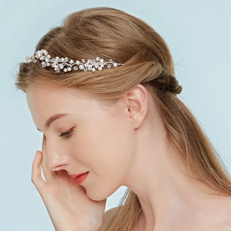 Свадебная повязка на голову лоза посеребренные изящные стразы цветочный головной убор повязки с кристаллами жемчужные свадебные украшения для волос