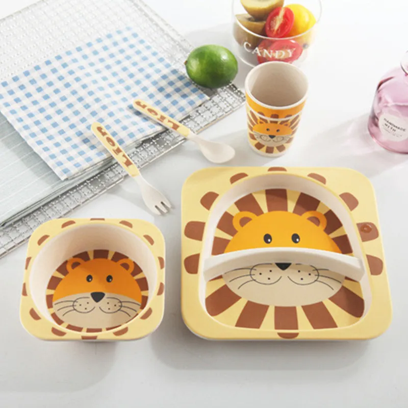 Baby-Feeding-Plate-Set-Bamboo-Fiber-Children-s-Tableware-Set-5pcs-Bowl-Cup-Fork-Cartoon-Baby (1)