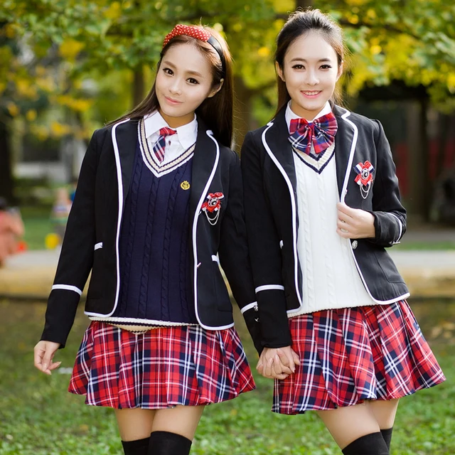Coat+ sweater vest+ blouse+ tie/ bow+ skirt Winter autumn school student uniform fashion school