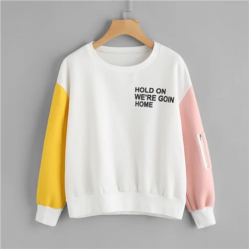 Многоцветный Dotfashion/толстовка с буквенным принтом на молнии с контрастными рукавами и надписью; осенний Женский пуловер с длинными рукавами; Весенний разноцветный Топ - Цвет: Многоцветный
