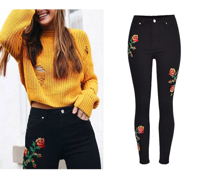 2017 European and American women hot high waist Slim stretch front and rear side cross embroidery roses cowboy pants pants pants (2)