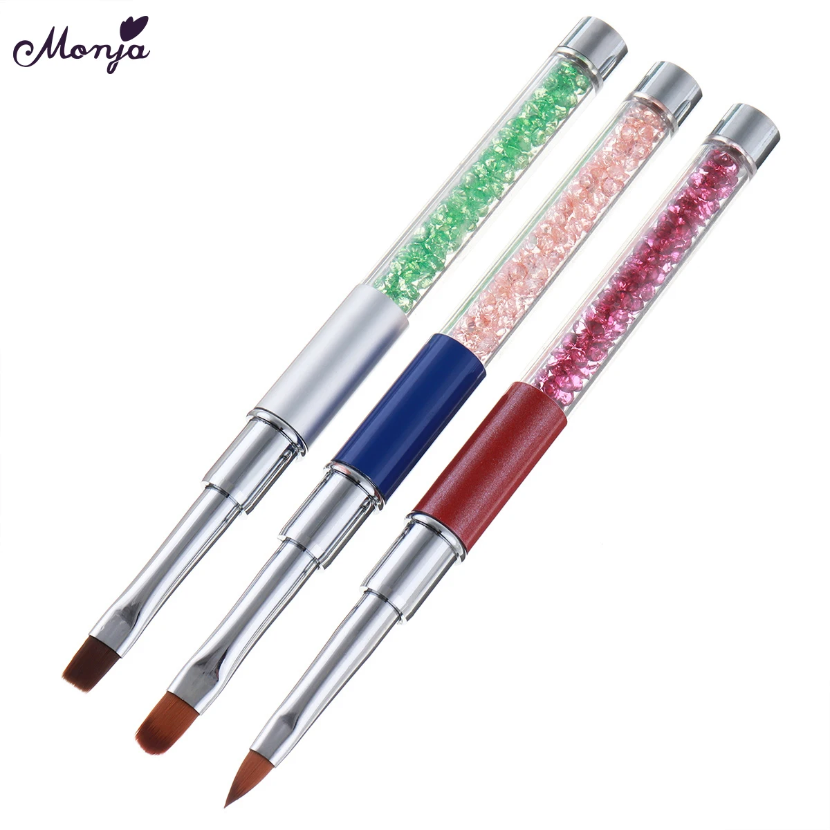 

Monja 3pcs Rhinestone Nail Art Acrylic Liquid Powder Carving UV Gel Extension Builder Brush Flower Design Drawing Painting Pen