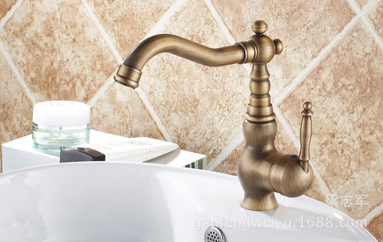 Full European antique copper retro hole basin mixer faucet Art Basin Above the hot and cold faucet