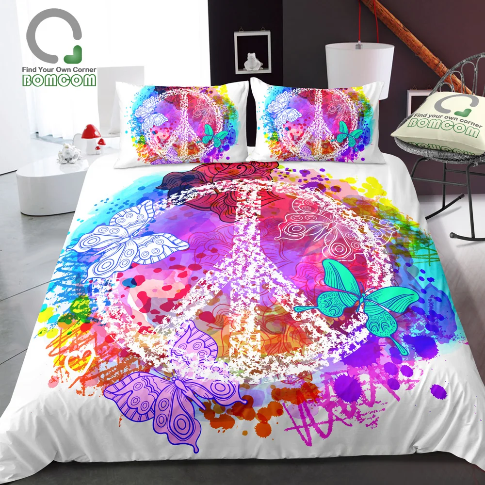 

BOMCOM 3D Digital Printing Hippie Peace Symbol Peace Love Butterfly Flower Duvet Cover Sets 100% Microfiber Watercolor Clear