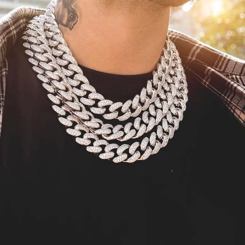 

2019 Men Hip hop Iced Out Bling chain Necklace pave setting rhinestone 20mm width Miami Cuban chains necklaces Hiphop jewelry