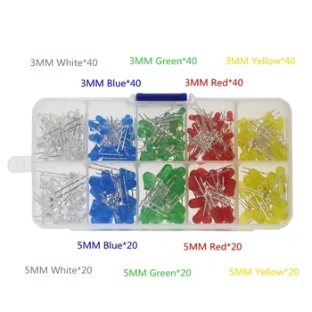 

Free Shipping 300PCS 3mm 5mm LED Light White Yellow Red Green Blue Assorted Kit DIY LEDs Set 3V 20mA