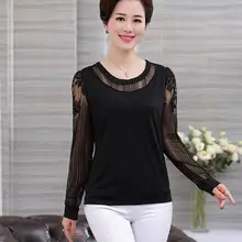 Женская весенне-осенняя Кружевная футболка с длинными рукавами для среднего возраста, Женская свободная футболка большого размера, одежда для мамы, пуловер с круглым вырезом, WF179