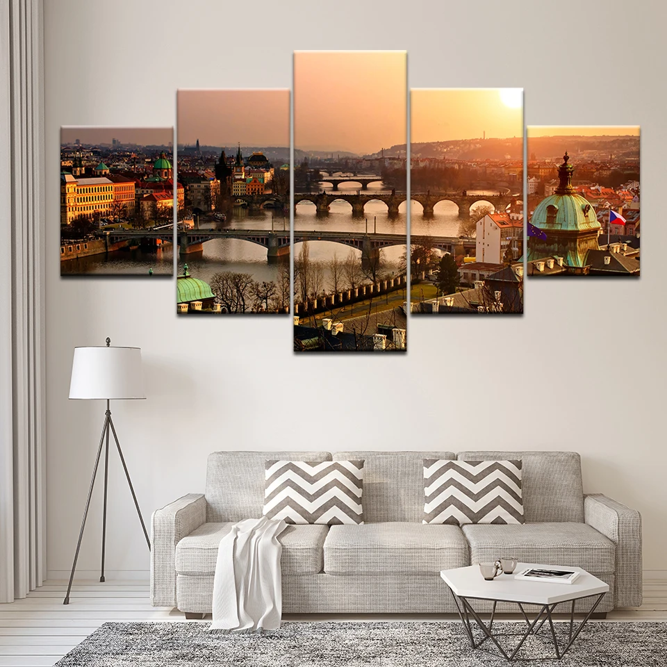 Холст Картины Wall Art рамки 5 шт. Прага замок плакат с изображением моста HD принты
