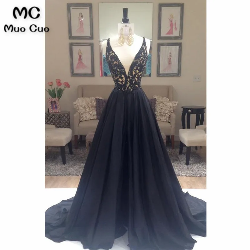

Elegant 2018 Black Beaded Evening Dresses Deep V-Neck Count Train Hard Satin Formal Evening Party Dress Custom Made