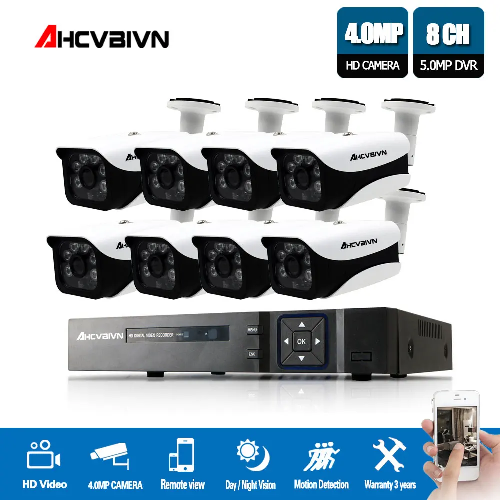 AHCVBIVN CCTV камера безопасности 5MP H.265 комплект системы 4mp 8 шт. вилла Открытый монитор ИК система видеонаблюдения 8ch DVR комплекты - Цвет: Черный