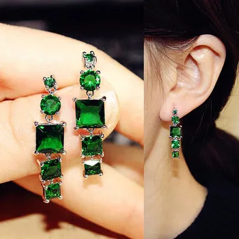 

Sparkling Fashion Geometric Shape Simulated Emerald Red Blue stone Long Square CZ Pave Setting Dangle Earrings Women Jewelry