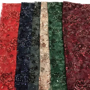

2019 Latest Gold green rench African Lace Fabric With Sequins High Quality African Tulle Lace Fabric For Wedding