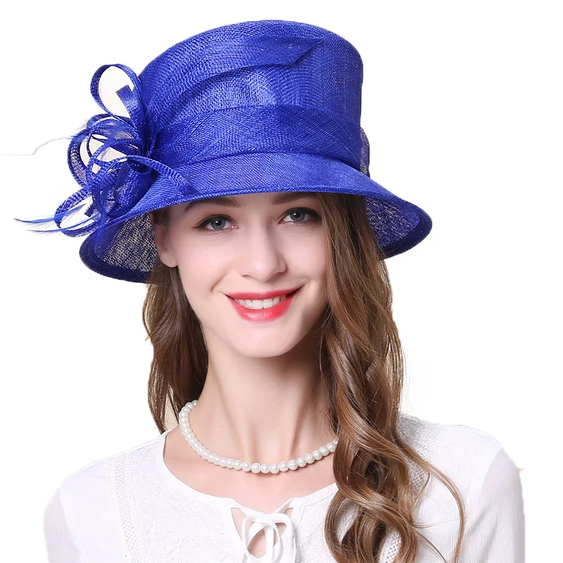 FS Королевский синий хаки леди Sinamay Hat Fascinators для свадьбы Для женщин мягкая фетровая шляпа с широкими полями Топ церкви цветок Кентукки шляпа котелок - Цвет: Синий