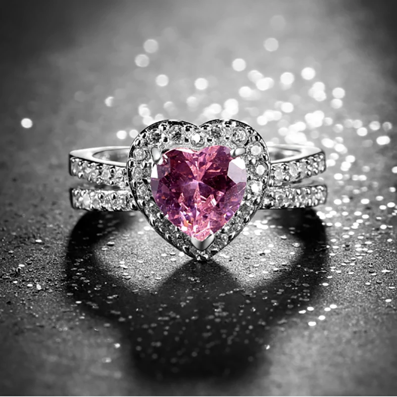 Solid 925 Sterling Silver Heart Women Rings Pink Crystal Fine Wedding jewellery Lab Diamond Ring Valentine's gift dropshipping
