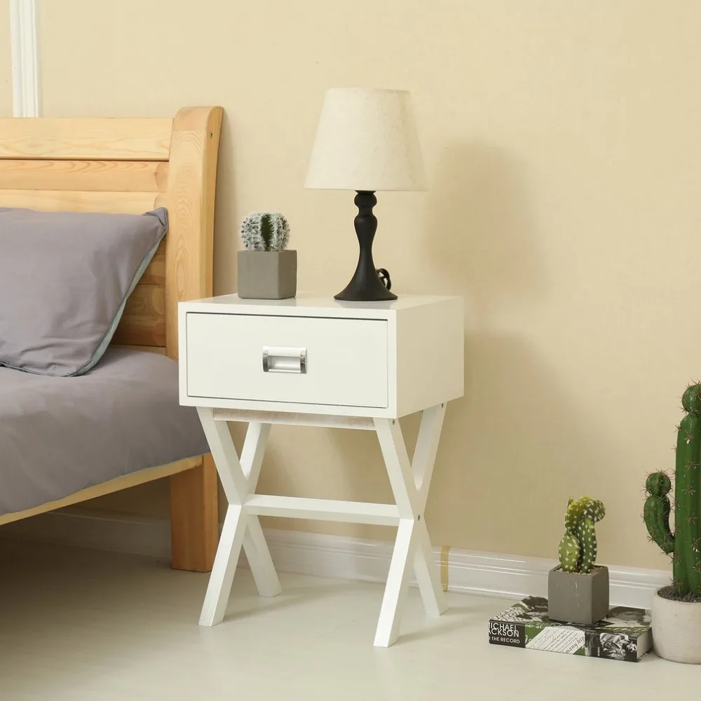 Newest Bedside Desk Tea Table Couch Side with One Drawer X Leg Modern Retro Decor Furniture Storage Bedroom Living Room