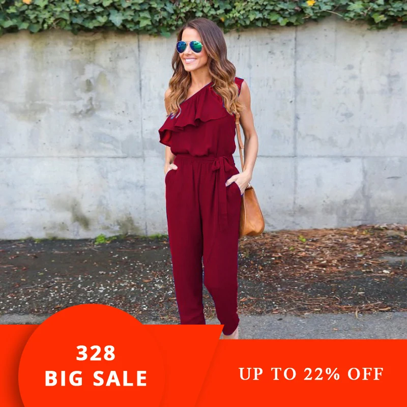 

2019 Women Red Black Flounce Bandage Chiffon Jumpsuit Summer Jumpsuit Fashion Bodycon Long Section Women Jumpsuit Club Jumpsuits