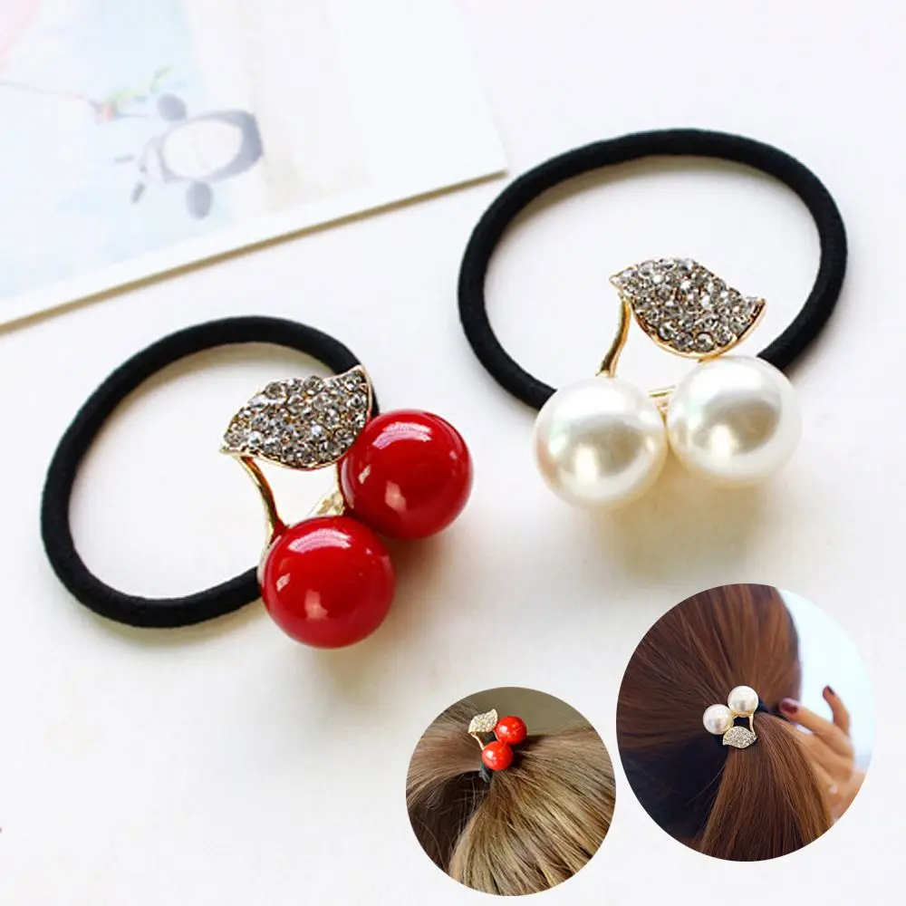 

Fashion Cute Girls Women Hair Accessories Red White Simulated Pearl Crystal Leaf Cherry Leaves Elastic Hair Rope Rubber Bands