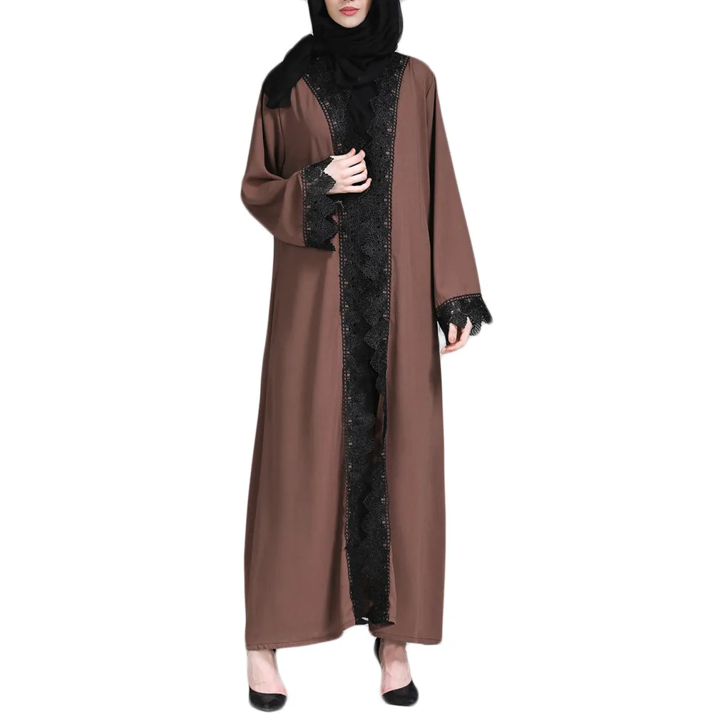 

Fashion Muslim Abaya Women Islamic Clothing Solid Coffee Lace Splicing Open Front Long Coat Middle East Abaya Long Robe F300215