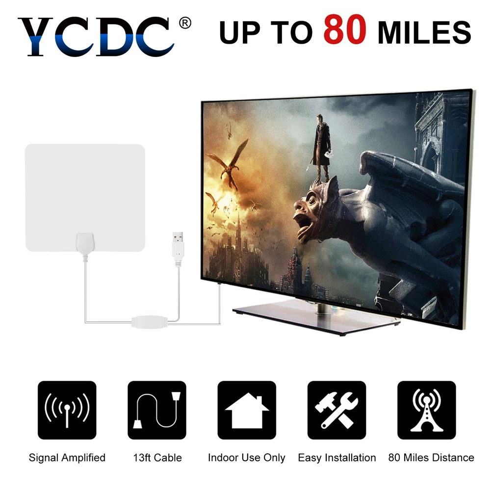 YCDC новые белые антенны цифровая HDTV ТВ антенна 80 миль диапазон Крытый плоский с