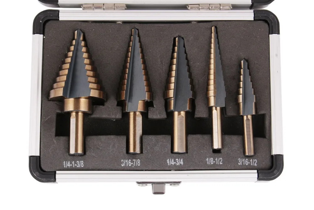 5pcs/Set HSS COBALT MULTIPLE HOLE 50 Sizes STEP DRILL BIT SET w/ Aluminum Case 5pcs/Set HSS COBALT MULTIPLE HOLE 50 Sizes STEP DRILL BIT SET w/ Aluminum Case