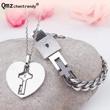 

A Pair Lover's Couples Stainless Steel Heart Key Pendants Necklaces Concentric Lock Bracelets Bangle For Women Men Jewelry Set