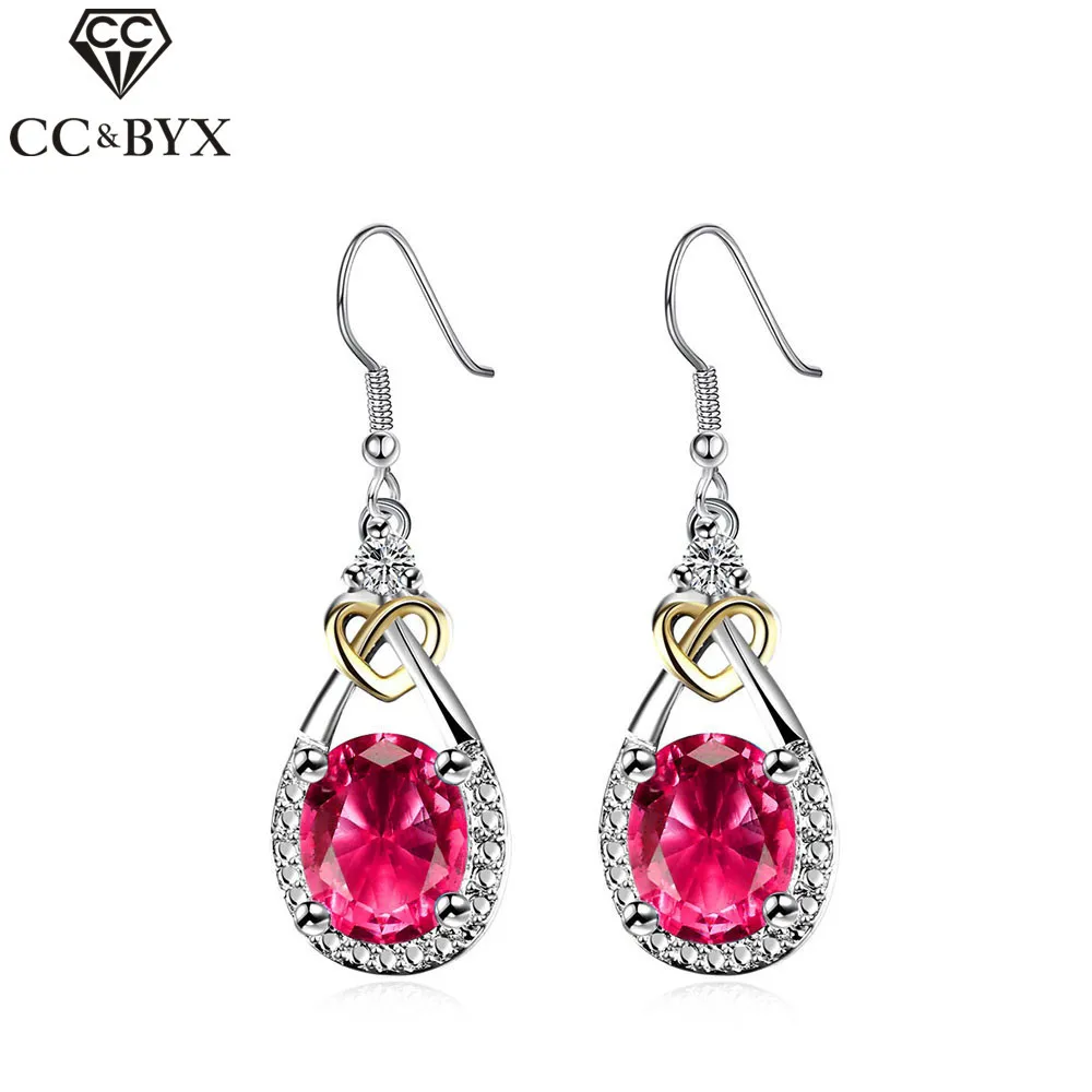 

CC Jewelry 925 Sterling Silver Jewelry Rose Red CZ Dangle&Drop Earrings For Women Chic Accessories Bride Wedding Earring CCE145
