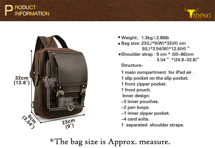 Tiding Мужская и женская винтажная кожаная нагрудная сумка, рюкзак 2 в 1, многофункциональный крутой рюкзак на плечо 5111