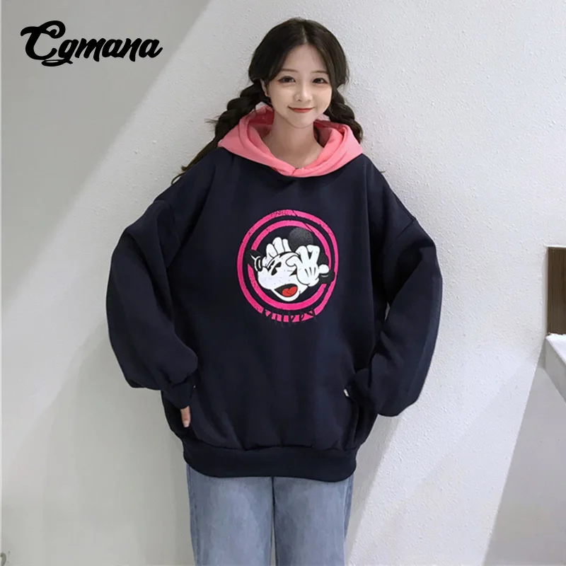CGMANA Hoodies For Women 2018 New Color Matching Kawaii Mickey Hooded Plus Velvet Sweatshirt Female Harajuku Student  Hoodies