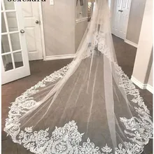 Элегантные Свадебные белые белоснежные свадебные вуали длиной 3 метра, длина собора, кружевная Апликация, Настоящее изображение, фатин Свадебная Фата с расческой