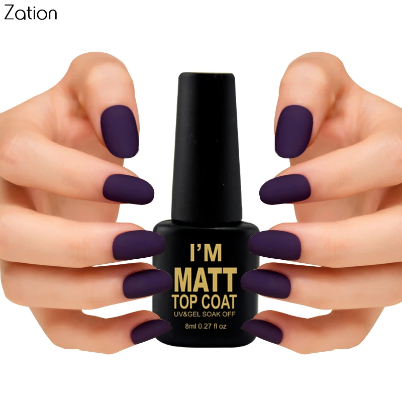 Zation 8ml Matte Top Coat VU Nail Gel Polish Matt Black with Nail Art