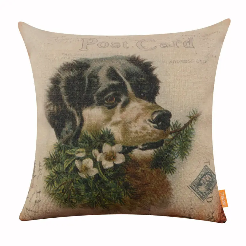 LINKWELL 45x45cm Vintage Merry Christmas Happy Dog Carte Postale Seasonal Decor Accent Home Pillowcase Burlap Cushion Cover LINKWELL 45x45cm Vintage Merry Christmas Happy Dog Carte Postale Seasonal Decor Accent Home Pillowcase Burlap Cushion Cover