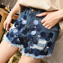 Европа New2018 Лето Для женщин модные рваные кисточкой Винтаж блестками Джинсовые шорты женские Повседневное рваные личности джинсы короткие штаны