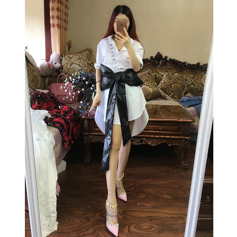 

2019 new spring and summer women suctom backless bow Blouse cotton loose long shirt