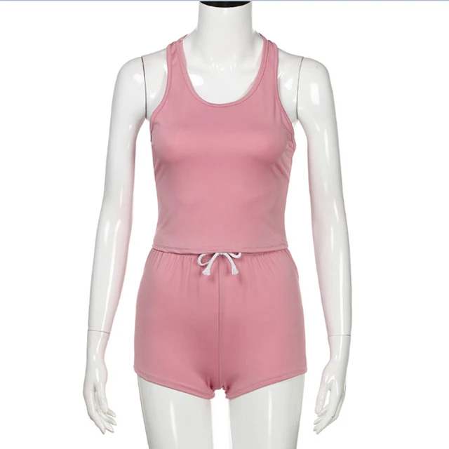 Pink Tank Top Shorts Two Piece Set Round Neck Sexy Sleeveless Women