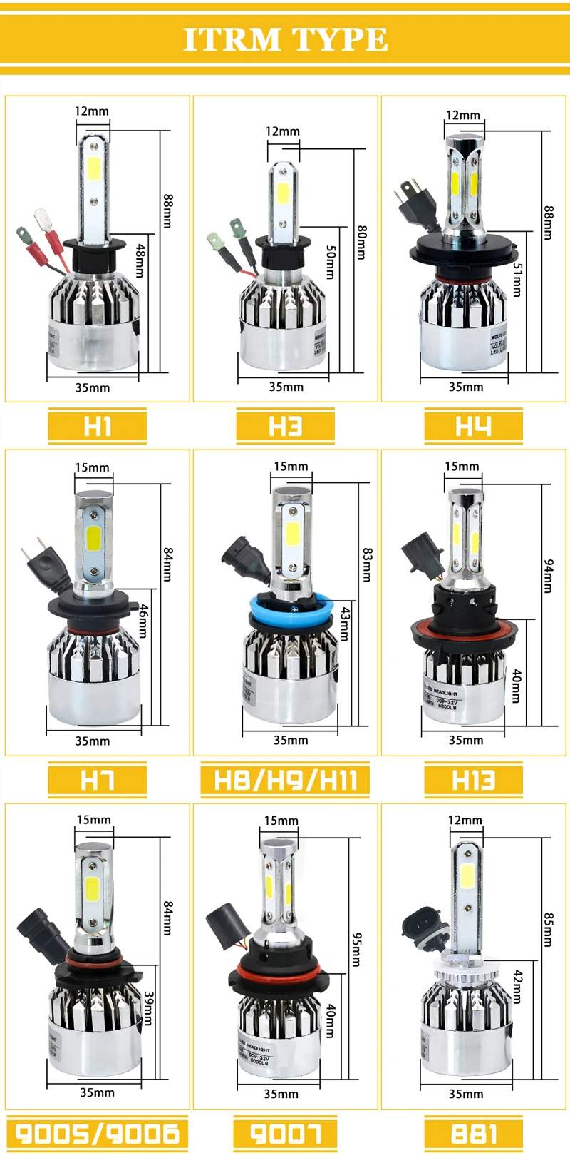 2 шт. светодиодный H7 H4 H1 H3 H11 H8 H9 H13 9005 HB4 HB3 9006 9007 881 для автомобильных фар 72 Вт 8000lm 6500 к авто светодиодный светильник Противотуманные фары 12V