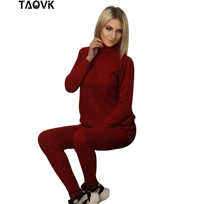 Женский вязаный костюм двойка TAOVK комплект из топа и брюк с высоким воротником