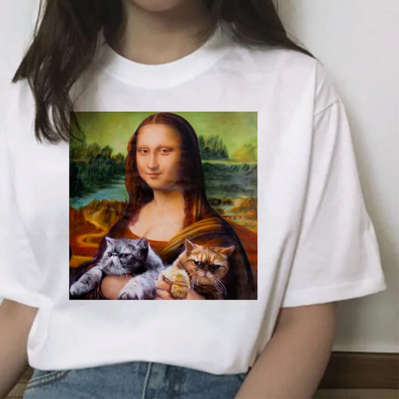 Mona lisa cat футболка Женская Новая мода Топ летняя футболка эстетический Забавный гранж каваи femme короткая футболка хип-хоп