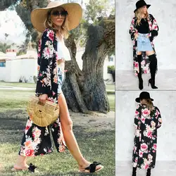 Плюс размеры для женщин с цветочным принтом Бохо кимоно кардиган кафтан шаль пальто пляжные Модные женские шифоновые блузки для малышек