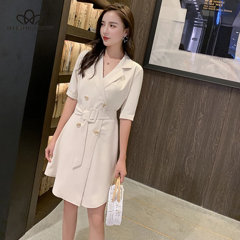 

Bella philosophy Women V-Neck Blazer Dress summer new Office Lady Elegant Double Breasted Dress female solid high waist dress