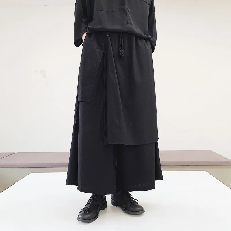 

Men Causal Wide Leg Skirt Pants Male Streetwear Punk Gothic Hip Hop Harem Trousers Black Cotton Linen Japan Style Kimono Pant
