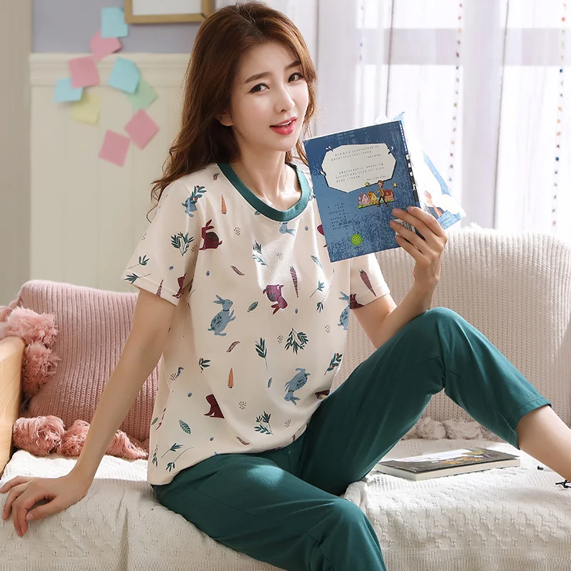 

Cotton Pajamas Sets for Women Short Sleeve Cartoon Pyjama Girls Long Pants Sleepwear Loungewear Homewear Clothing Plus Size 5XL