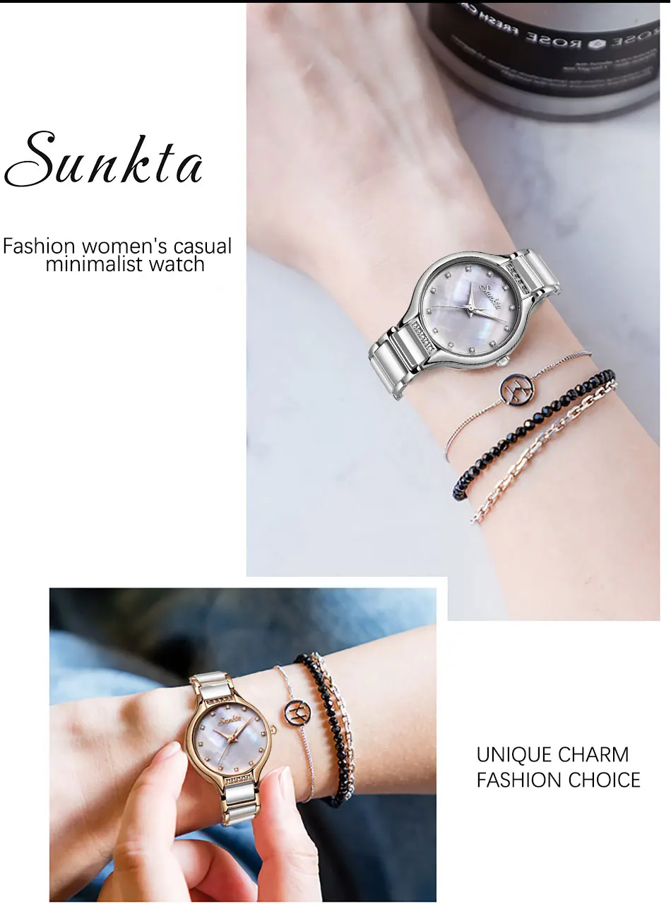 SUNKTA New Rose Gold Ladies Ceramic Watch Women Top Brand Luxury Watch Fashion Simple Waterproof Women Watches Relogio Feminino