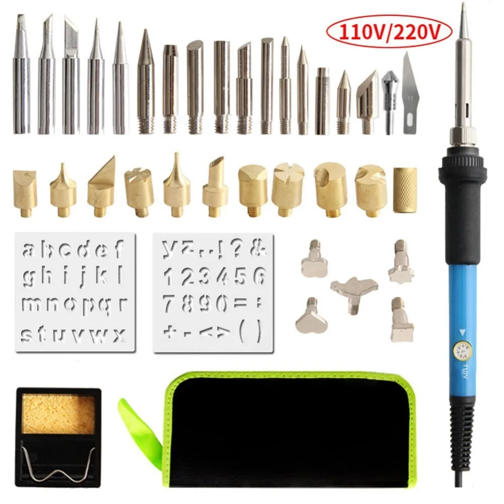 

39pcs Wood Burning Kit Pyrography Pen Safety Indicator Light Power Switch Carving Embossing Soldering Tips/Staple Tool