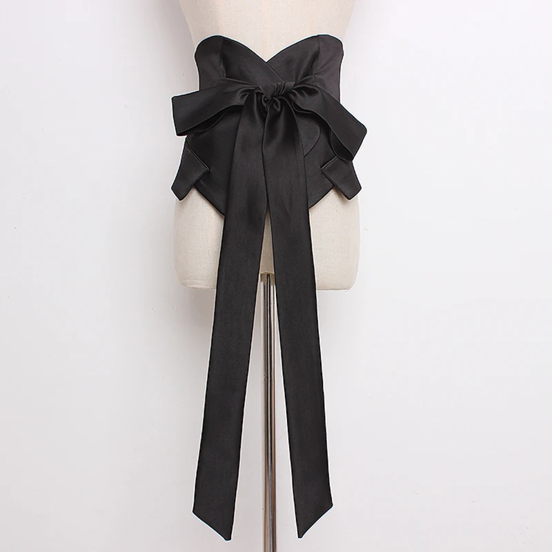 

[EAM] 2019 New Spring Summer Black Bangahe Bow Irregular Temperament Personality Long Wide Belt Women Fashion All-match JR927