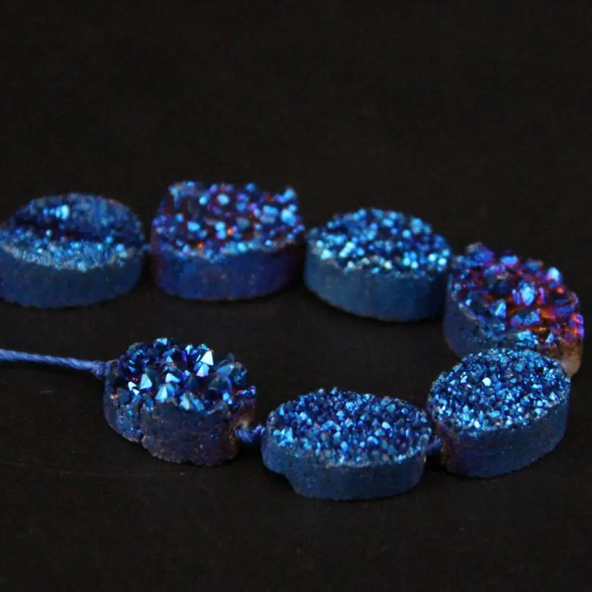 Approx11PCS/strand Blue Titanium Natural Quartz Geode Drusy Oval Slab Nugget Beads,Raw Roug Agates Crystal Druzy Slice Pendants